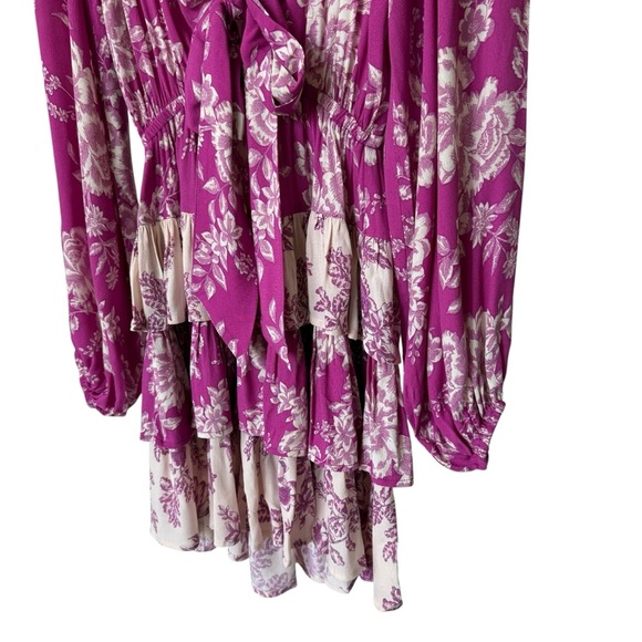 Kivari Maeve Women's Sz 4 Pink Floral Plunge Mini Dress Front Tie Casual Ruffle - Picture 6 of 11